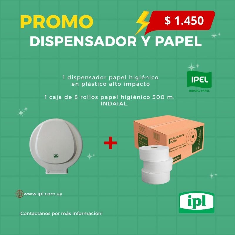 Dispensador plástico + 8 rollos de papel higiénico 300 m.