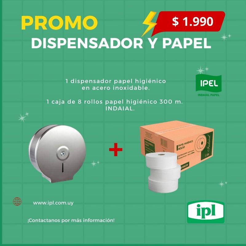Dispensador acero inoxidable + 8 rollos de papel higiénico 300 m.